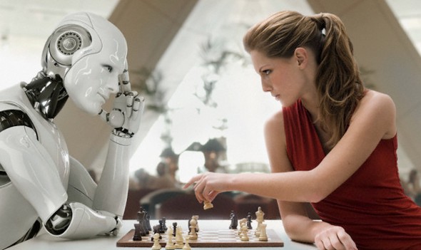 Woman Playing Chess with Robot --- Image by © Blutgruppe/Corbis